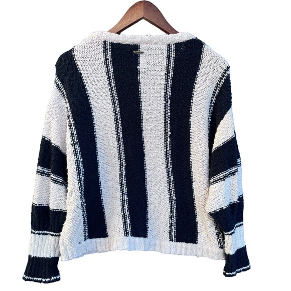Billabong Sweater Women's LG Cream Black Crew Neck Chunky Pullover Striped Top - Picture 2 of 9